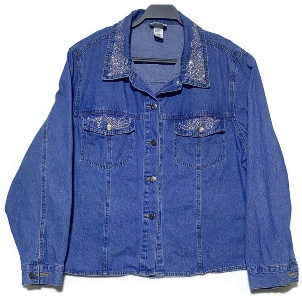 Las Olas Women's Denim Jean Jacket Size 16 With Rhinestone & Snap Front